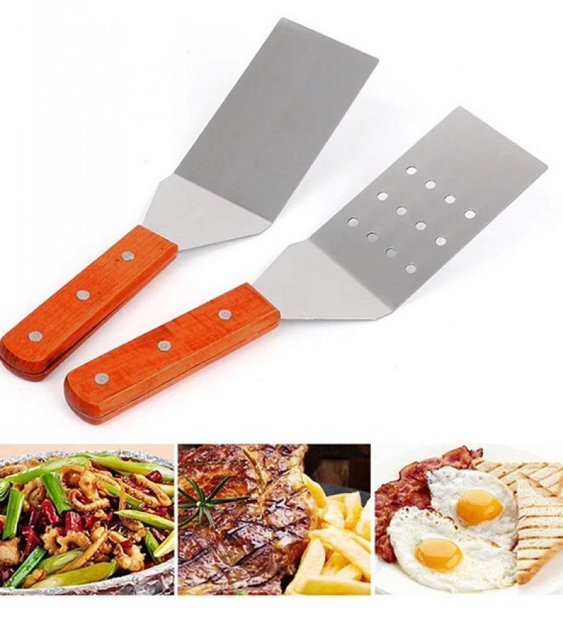2pcs Set Cooking Spatula with Wooden Handle Grill Turner Stainless Steel Metal Scraper