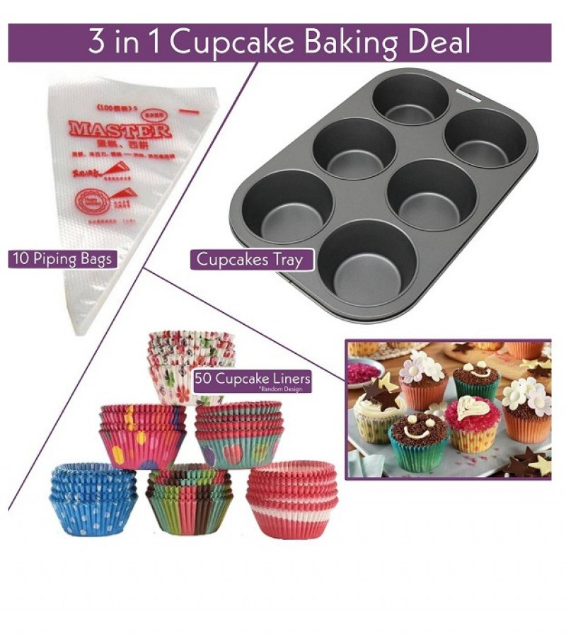 3in1 Deal 6 Cupcake Muffin Tray + 10 Disposable Piping Bag + 50 pcs Cupcake Muffin Paper Liner