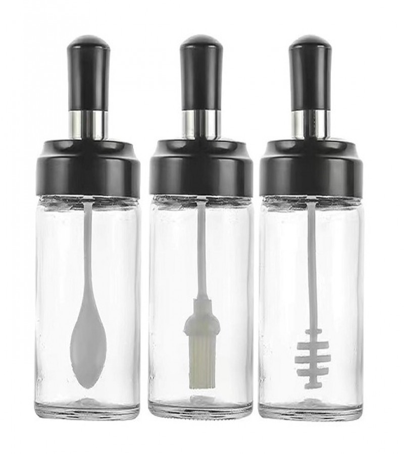 3pcs Spice Seasoning Jars with Spoon,Hony & Brush Glass Bottle