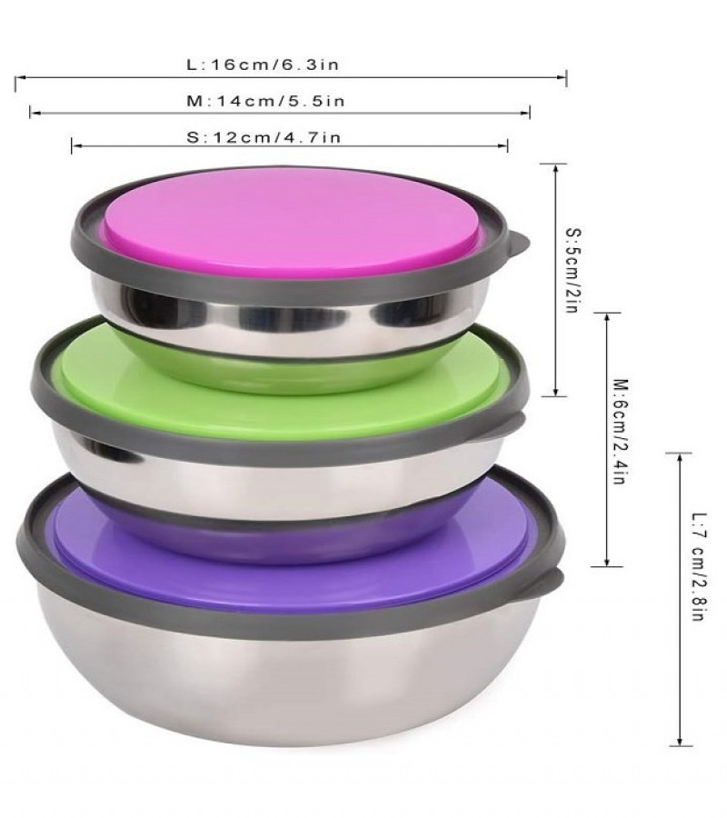 3Pcs Stainless Steel Bowl Set with Lid Food Storage Container