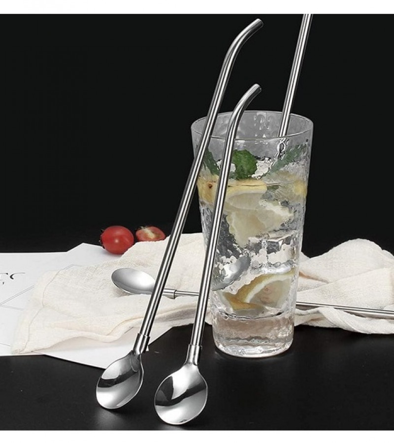 4pcs Stirring Spoon & Drinking Straw Metal Stainless Steel
