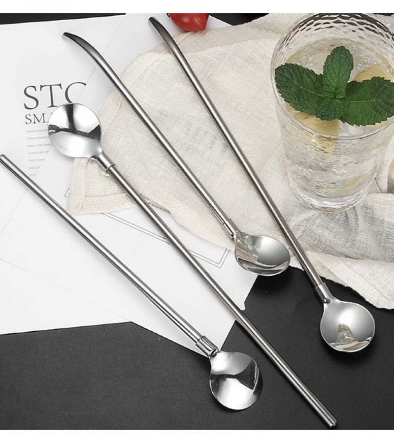 4pcs Stirring Spoon & Drinking Straw Metal Stainless Steel