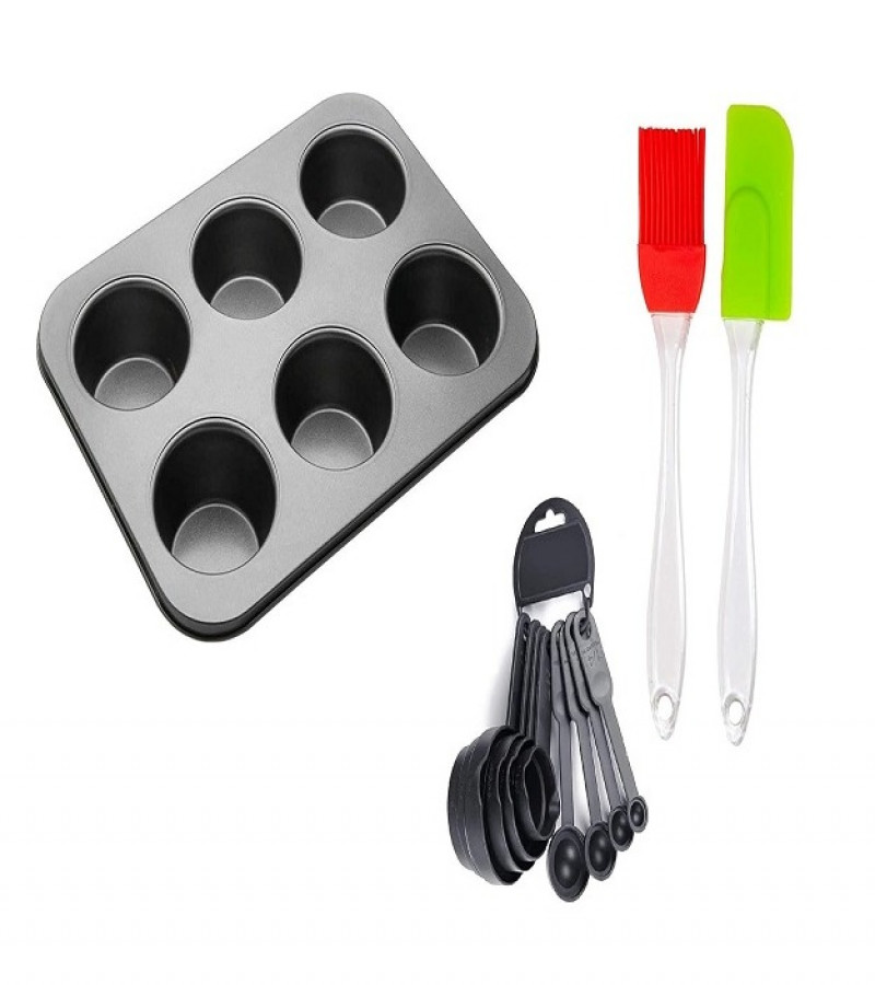 6 Slot Muffin Tray with 10pcs Measuring Cup Spoon Set and Silicon Spatula Brush Set