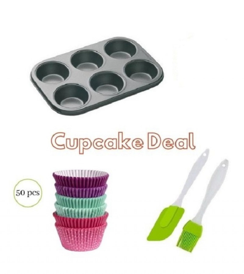 Best Cupcake Deal 6 Cupcake Muffin Tray + 50pcs Cupcake Muffin Liners + Spatula and Oil Brush Set