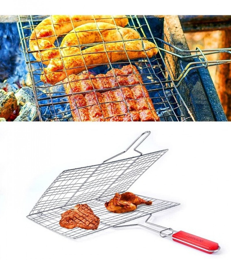 Large Steel Portable Barbecue BBQ Grill Net Basket Roast Grilling Tray