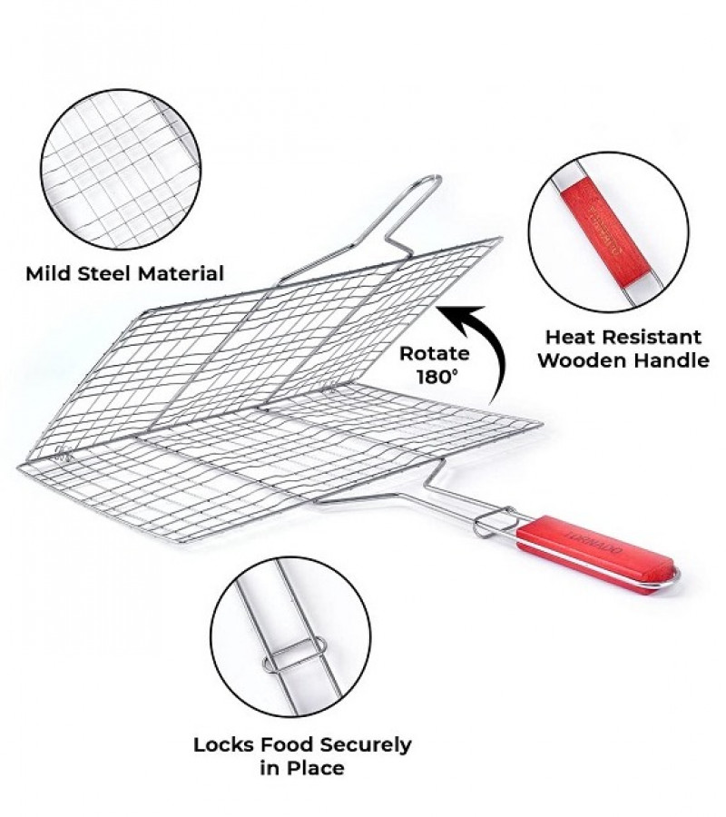 Large Steel Portable Barbecue BBQ Grill Net Basket Roast Grilling Tray